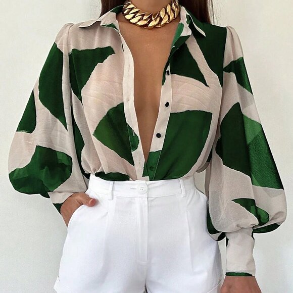 Tops - Green Casual Women's Contrast Color Print Lantern Sleeve Blouse Cloth